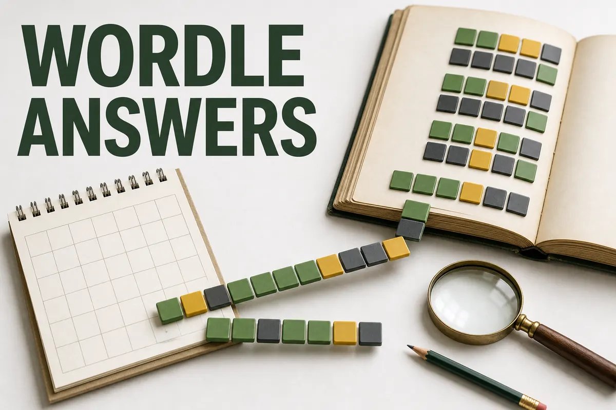 Archivio editoriale di risposte Wordle con calendario, quaderno, tessere colorate e lente