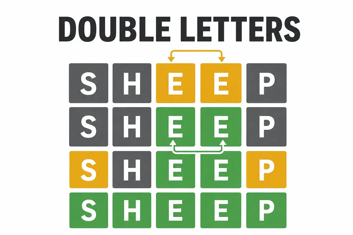 Wordle double letters guide showing repeated E tiles and changing clue colors