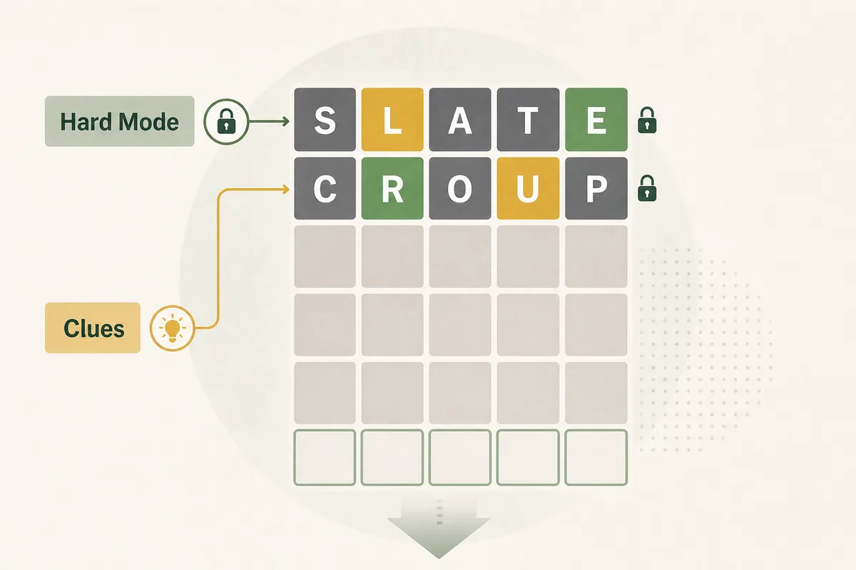 Editorial Wordle Hard Mode guide showing locked clues and a puzzle board illustration