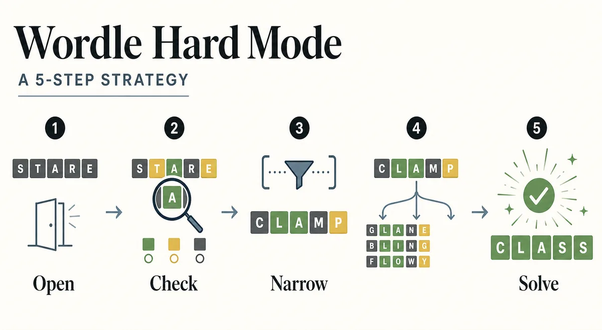 Five-step Wordle Hard Mode strategy flow from opener to clue checking and final solve