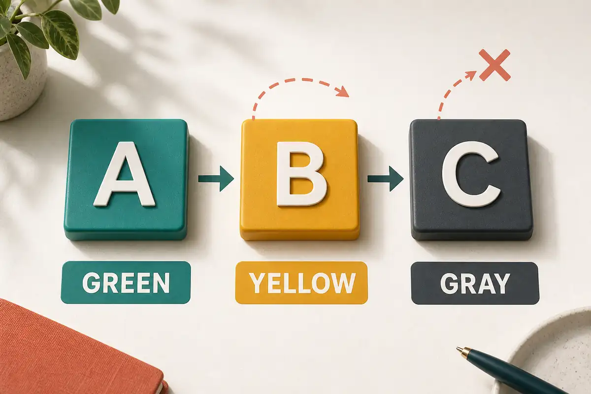 Editorial comparison of green yellow and gray Wordle clues turning into progressively narrower hints