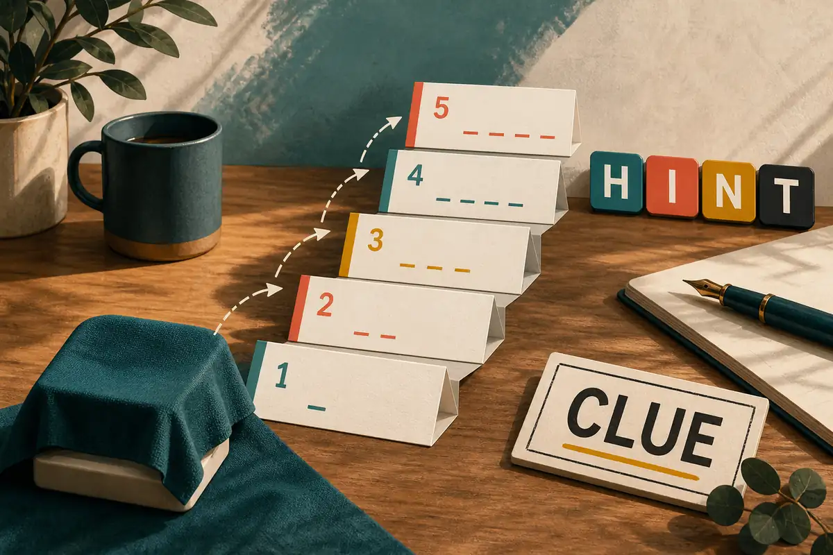 Editorial Wordle hint ladder moving from a hidden word to useful clues without revealing the answer
